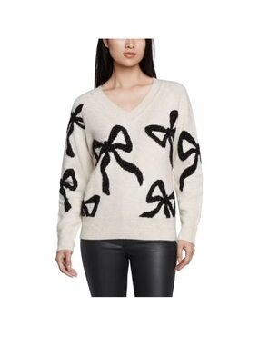 New Express Women's V-neck Knit Embellished Sweater bows cream black sz M